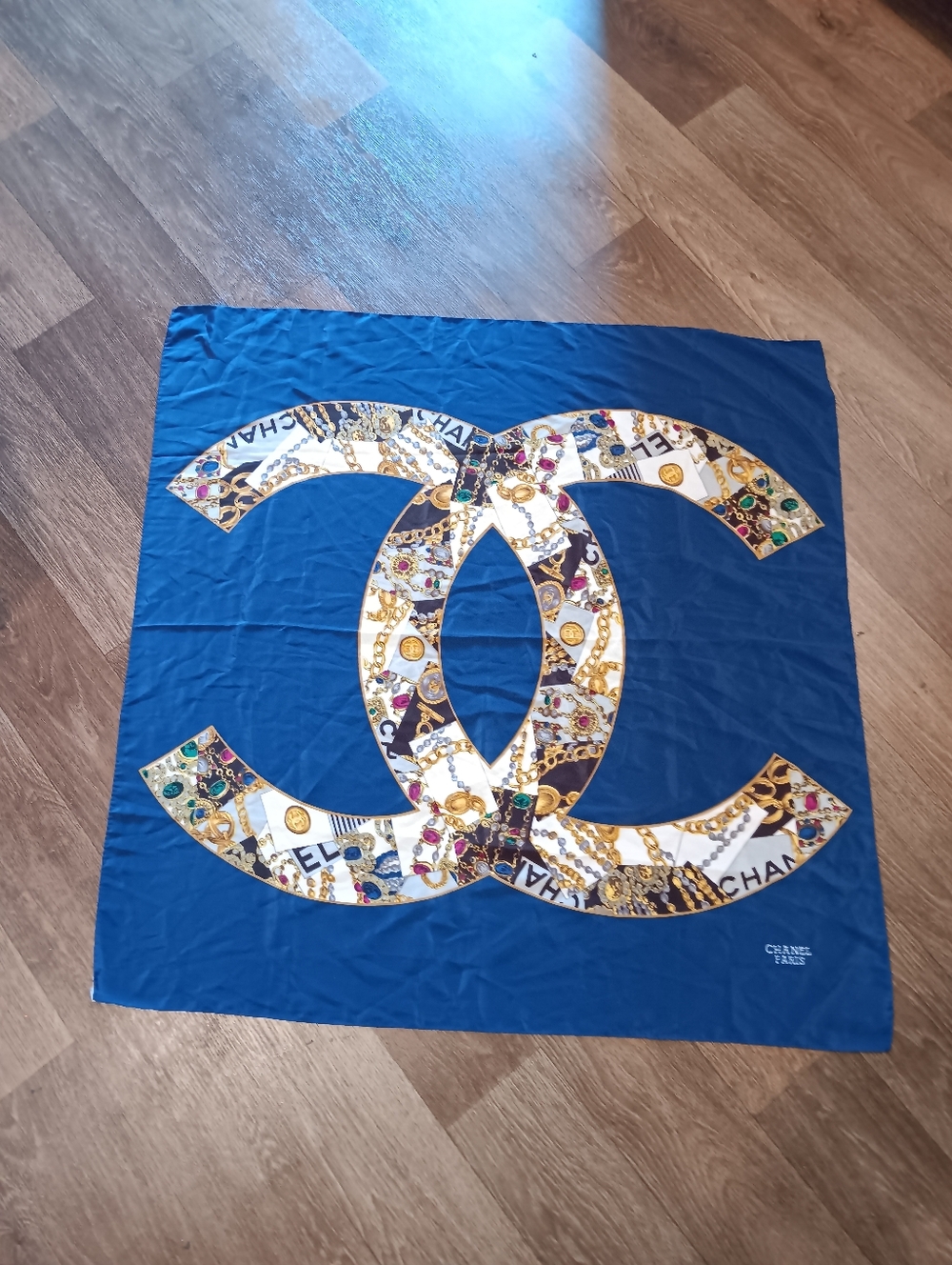 Vintage 90s Chanel Blue Silk Logo Scarf Authentic & Chanel Scarf - Picture 2 of 5